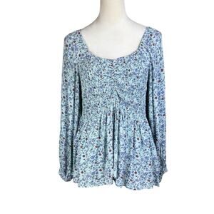 Polagram NWT Blue Floral Print Long Balloon Sleeves Smocked Bohemian Top